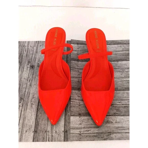 Anne Klein iFlex Bright Orange Patent Pointed Toe Slingback Kitten Heels 5.5 - Picture 2 of 10